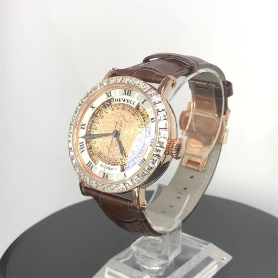 Оптовая продажа Bewell Высококачественные бриллиантовые механические мужские золотые часы из цинкового сплава с логотипом на ремешке из натуральной кожи Автоматические часы для мужчин